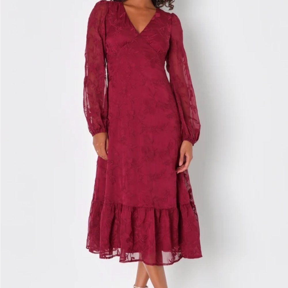 Lulus Essential Grace Burgundy Chiffon Midi Dress